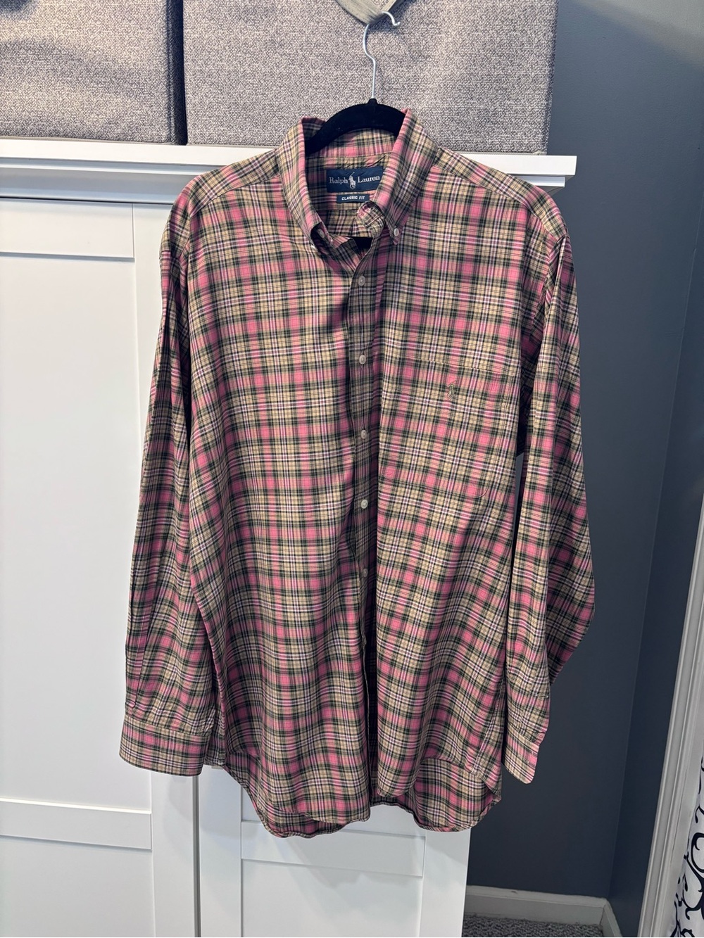 Ralph Lauren Men's Pink and Sage Green  Plaid Button-Down Shirt Like New Size M